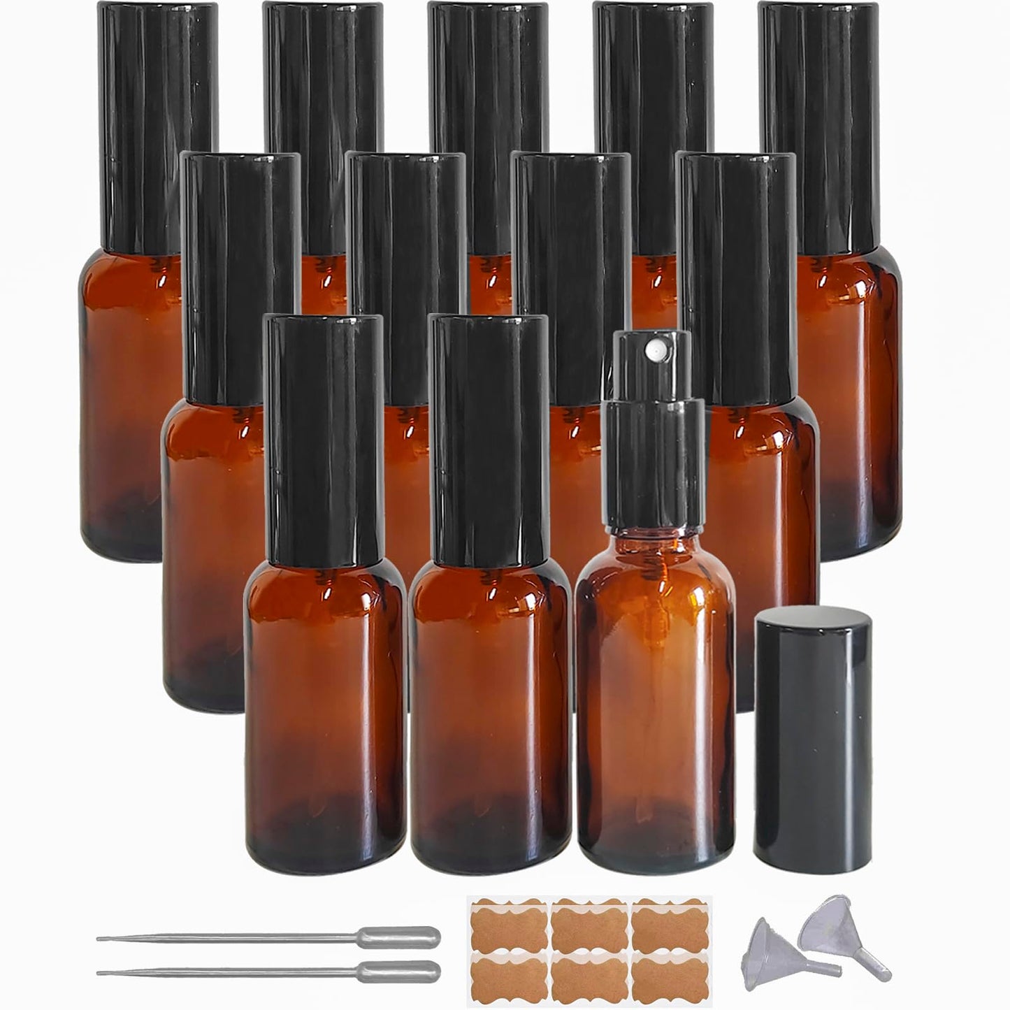 BEGIKET 12 Pack 1oz Amber Glass Spray for Essential Oils, Small Spray Bottle, Fine Mist Spray,Black Sprayer,for Perfume, Hair & Cleaning