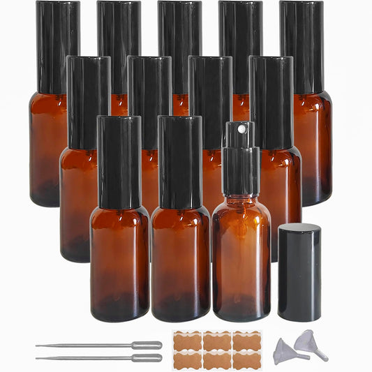 BEGIKET 12 Pack 1oz Amber Glass Spray for Essential Oils, Small Spray Bottle, Fine Mist Spray,Black Sprayer,for Perfume, Hair & Cleaning