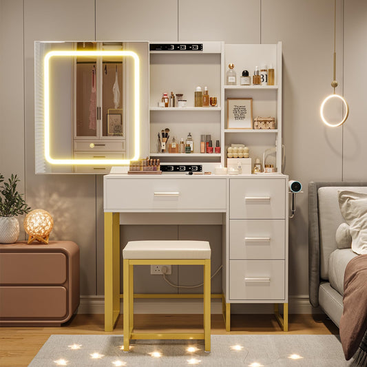 GarveeHome 57-Inch Makeup Vanity Set with Lighted LED Mirror & Charging Station – 3 Lighting Modes, 4 Drawers & Shelves, Includes Cushioned Stool, White