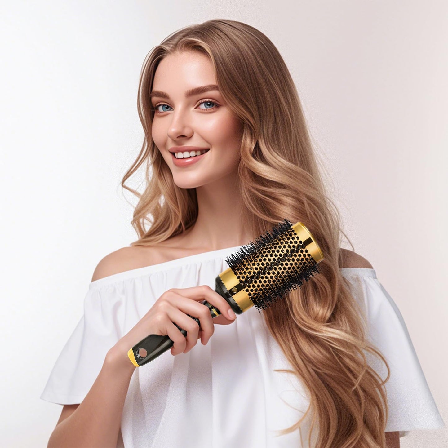 Large Round Brush for Blow Drying, Aluminum Round Hair Brushes for Women, Roller Brush for Blow Drying and Styling, Gold, For Curly and Straight-2 Inch Barrel, 2.95 Inch with Bristles