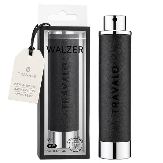 Travalo Walzer Refillable Perfume Atomizer - Pocket-Size, Leak-Proof, Glass-Free Spray Bottle Safe for Air Travel - Mini Perfume Bottle with Black Leather Cover