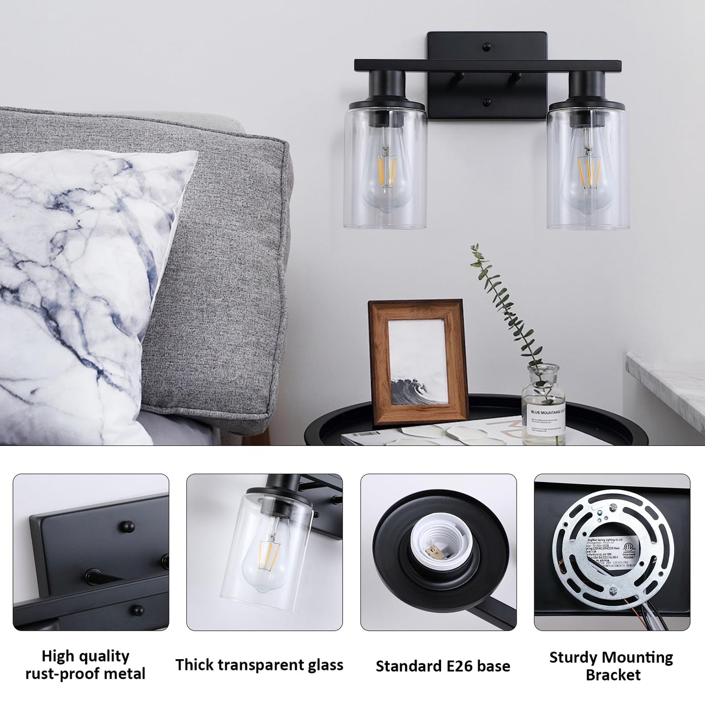 Litaddscen 2-Light Matte Black Bathroom Vanity Light,Bathroom Light Fixtures Over Mirror with Clear Glass Shade,Modern Farmhouse Wall Sconces Lighting for Kitchen Living Room Cabinet