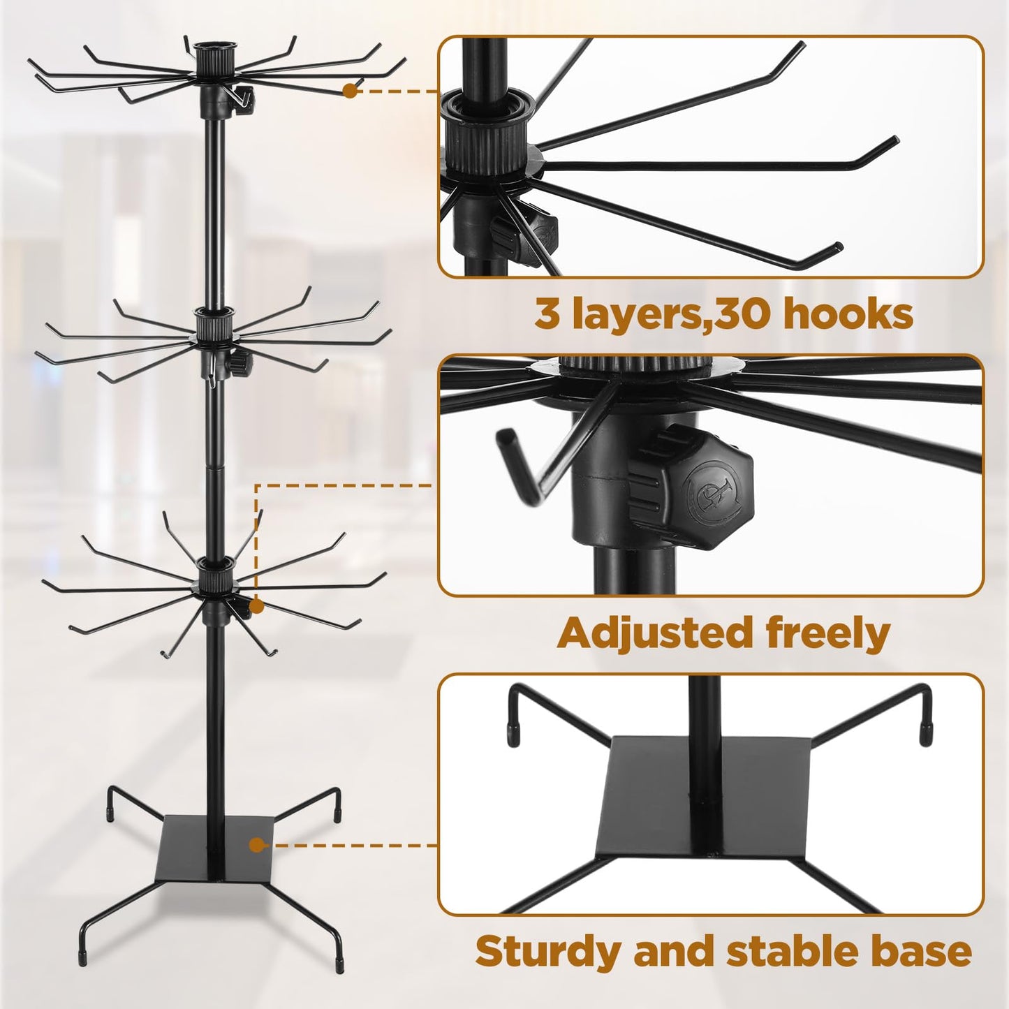 Nodaaiie 3 Tier 28.3 x 11.8 Inch Rotating Display Stand, Earring Display Rack, Black Metal Retail Display Stand with Hooks for Necklace, Bracelet, Earrings, and Keychains, Adjustable Height