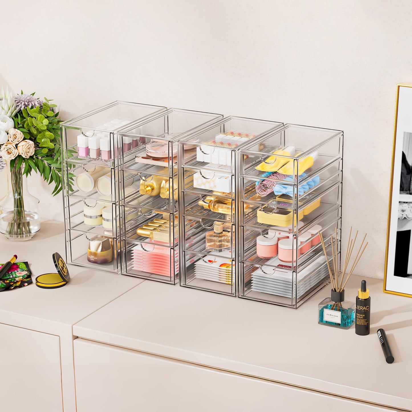 YFXCVSL Acrylic Makeup Organizer with 31 Drawers, 6 Pack Clear Storage Drawers, Bathroom Makeup Organizer for Palettes, Cosmetic, and Beauty Supplies,Ideal for Vanity, Cabinet,Desk Organization