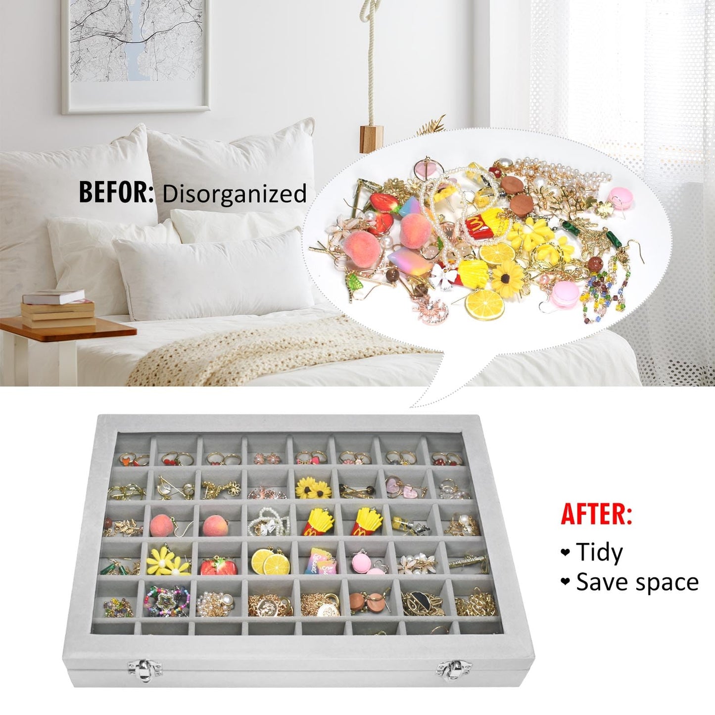 Vicoter Velvet Jewelry Tray 48 Compartments Jewelry Display Organizer with Transparent Cover Rings, Earrings, Necklaces, Pendants Storage Box for Girls, Wives, Mothers, Women