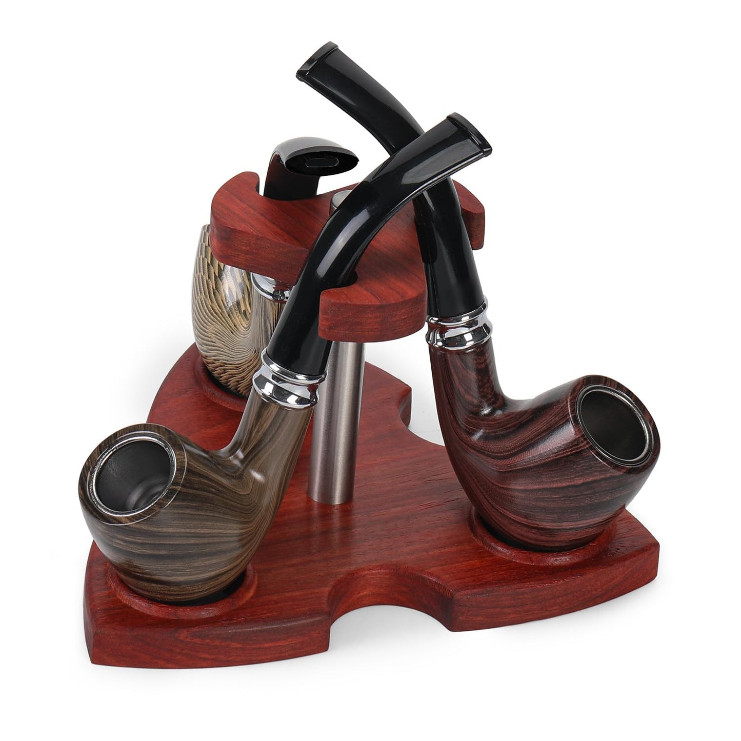 Solid Natural Rosewood Tobacco Smoking Pipe Stand Holder for 3 Pipes, 3 Slots Embossed Circular Slot, Non-Slip Rubber Feet, Easy Tool-Free Assembly, Ergonomic Shape Tabletop Display Rack for Pipe Smoker Collector Storage