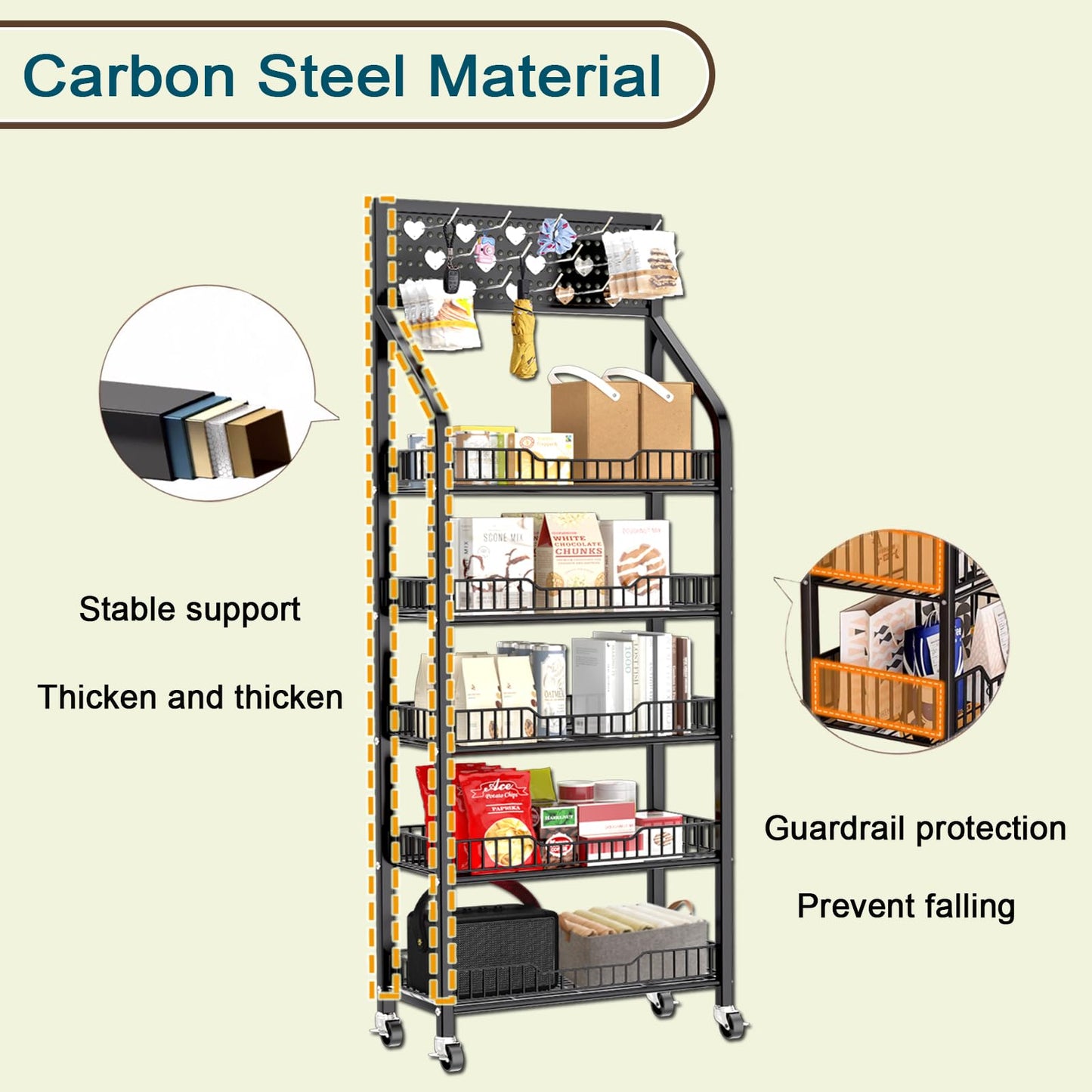QJSZMEI 5 Tier Snack Rack Display Stand, Metal Retail Display Rack with Wheels and 15 Hooks, Snack Cart Organizer for Supermarkets Convenience Stores Home Kitchens