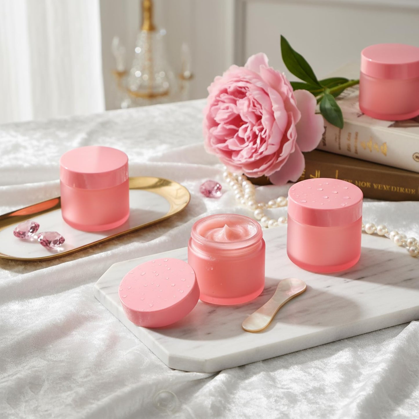 Domensi 48 Pcs 2 oz Glass Jars with Lids Travel Size Round Leakproof Empty Cosmetic Jars with Inner Liners Lid for Storing Makeup Lotions Face Cream Ointments DIY Making (Pink)