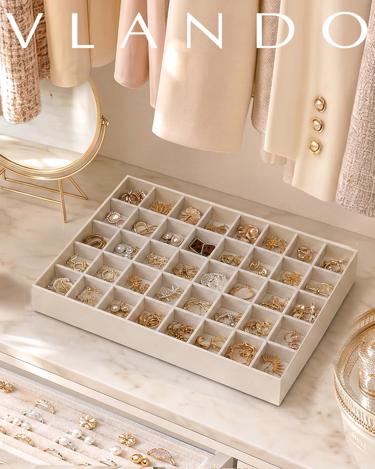VLANDO Stackable Jewelry Tray, 40-Grid, Soft Velvet, Removable Dividers