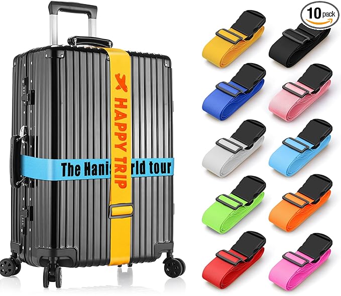 Personalised Luggage Straps for Suitcases, 10 Pieces - Custom Luggage Strap with Embroidery Text, Thickened Luggage Belt with Quick Release Buckle, Travel Suitcase Straps, Adjustable Travel Bag Strap