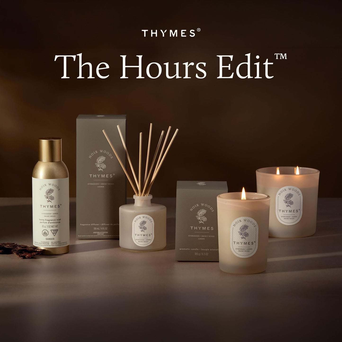 Thymes Petite Oil Reed Diffuser Set – Includes Reeds, Fragrance Oil & Glass Bottle – Luxury Scent Diffusers for Home Decor – Notes of Fresh Evergreen, Smoky Wood & Golden Amber (Noir Woods, 4 fl oz)