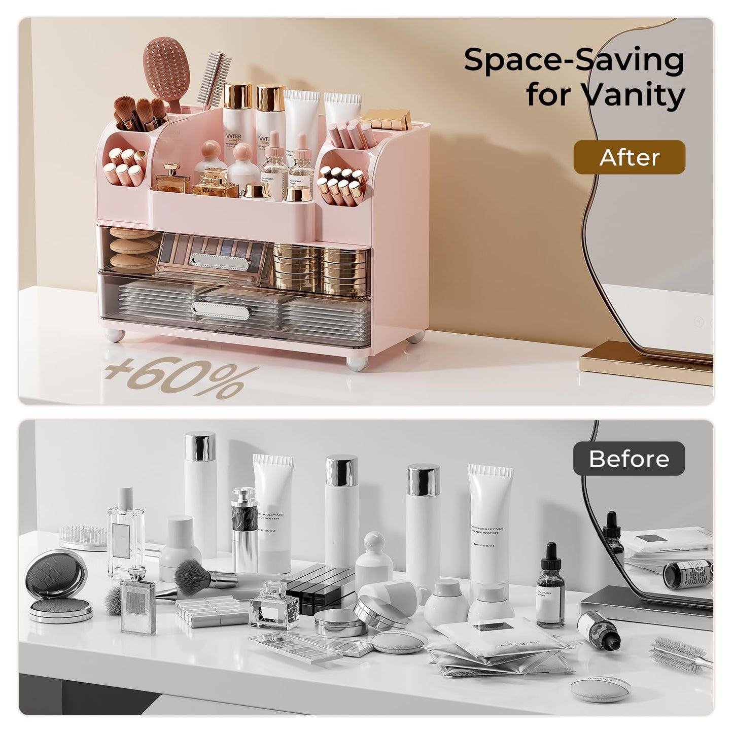 UFORU Makeup Organizer for Vanity with 2 Large Drawers, Cosmetic Display Case with Brush Holders, Easy to Storage for Bathroom Countertop Skincare, Perfume, Pink
