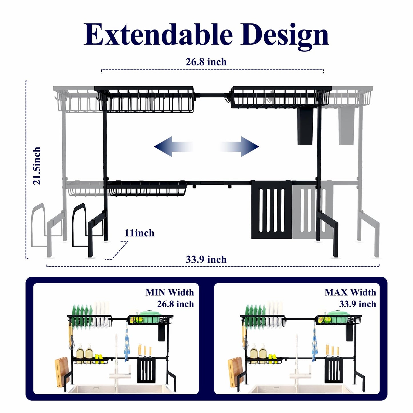 Kitsure Over The Sink Dish Drying Rack - 26.8" to 33.9"x21.5", Adjustable Sink Drying Rack for Kitchen Sink with Large Capacity, 2-Tier Dish Rack Over Sink with Multifunctional Baskets, Black