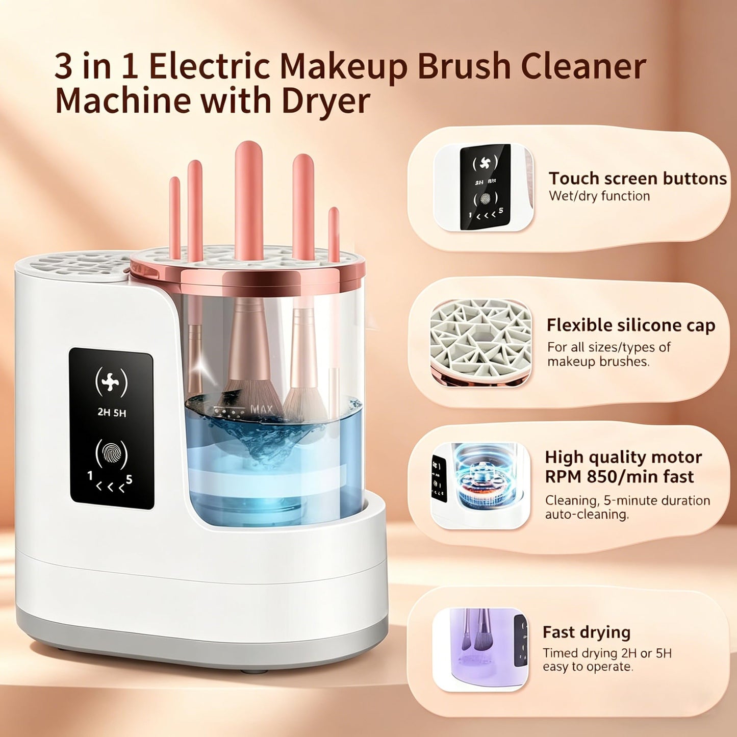 Hublaolss 3 IN 1 Electric Makeup Brush Cleaner & Dryer Machine, Automatic Makeup Brush Cleaner, Portable USB Cosmetic Brushes Cleaner Tool for All Size Beauty Makeup Brush Set, Blush Brush, Sponges