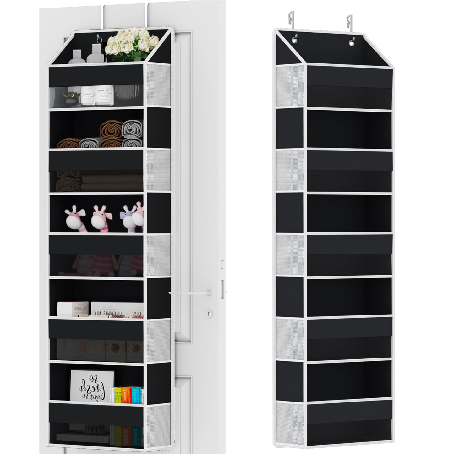 Over Door Organizer - Over The Door Storage Organizer with 5 Large Pockets & 10 Mesh Side Compartments - Heavy-Duty Hanging Storage for Bathroom, Bedroom & Nursery - Room Organizer Solution - Black