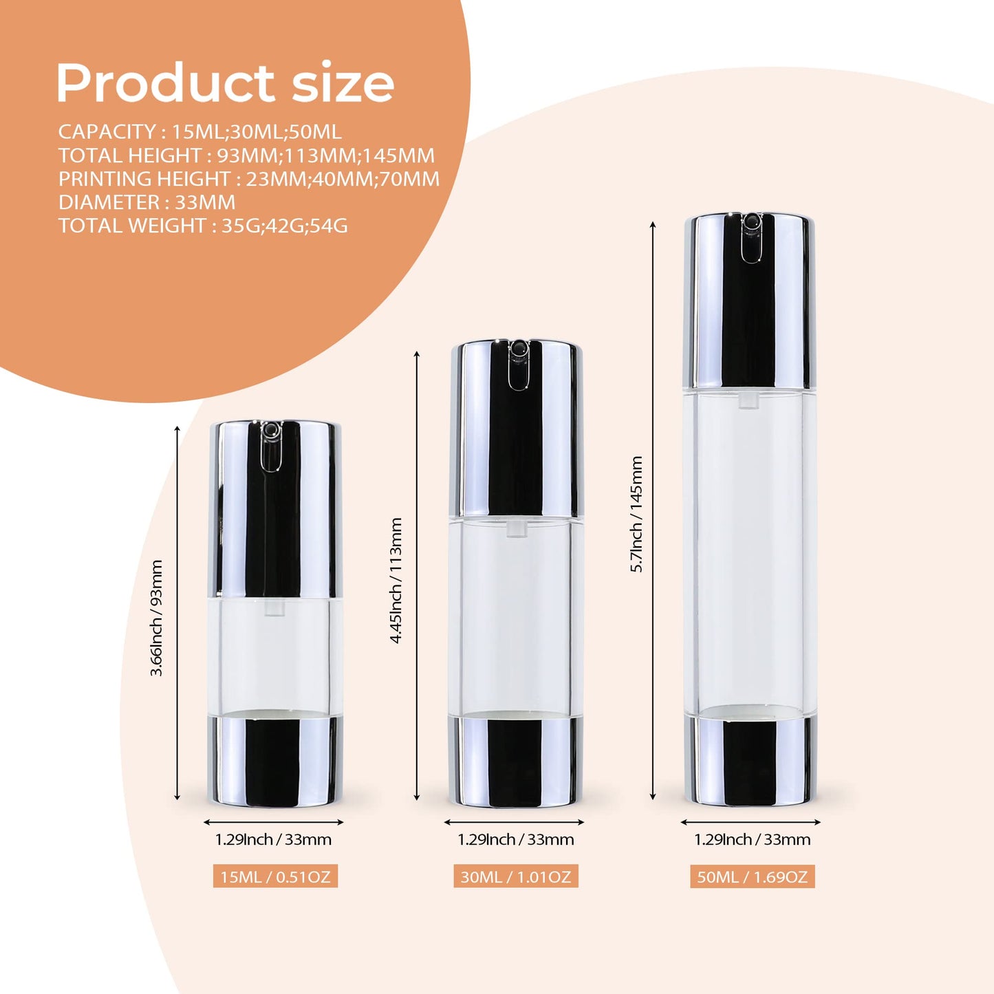 longway Silver Airless Cosmetic Cream Pump Bottle Travel Size Dispenser Refillable Containers（1oz/30ml,pack of 6