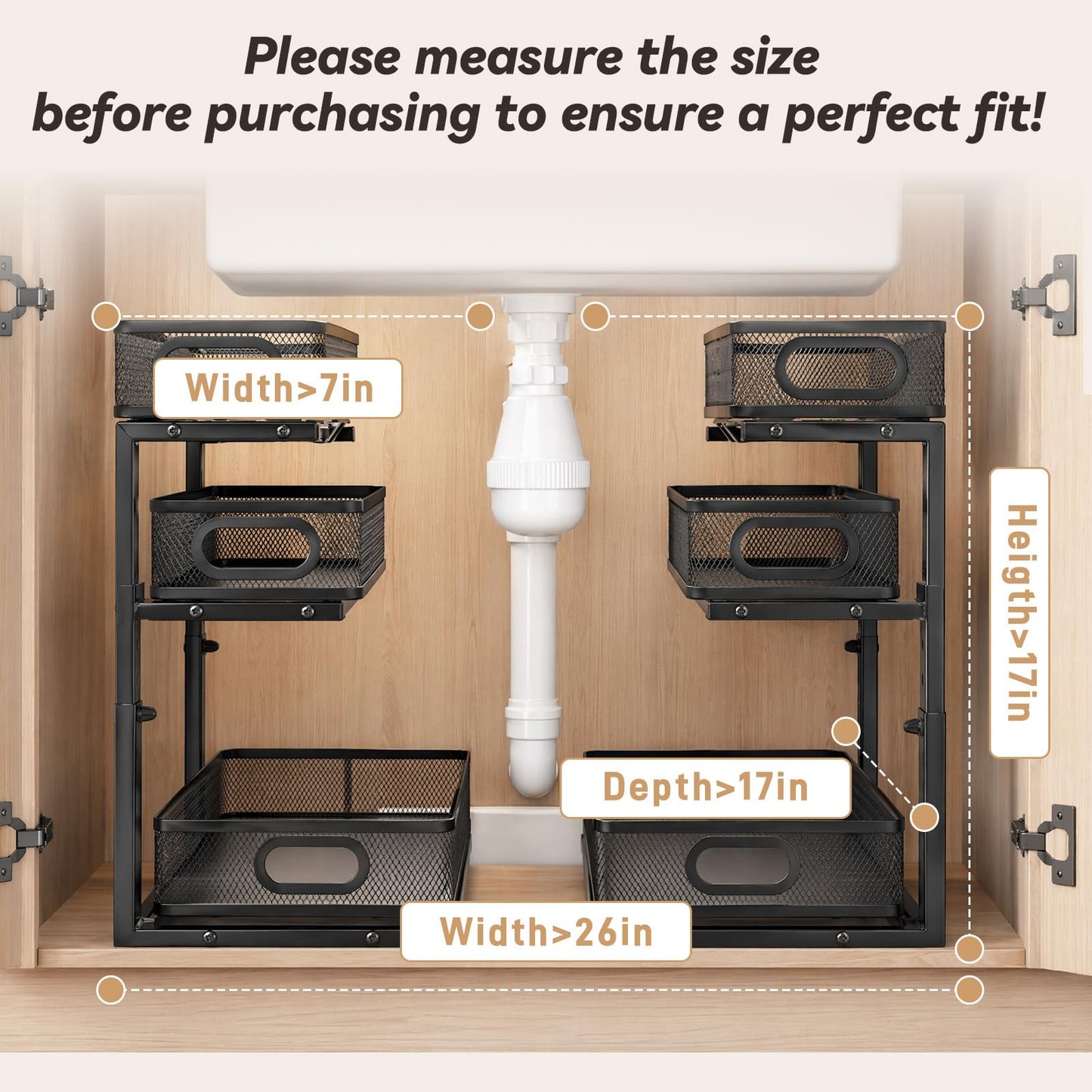 3-Tier Under Sink Organizer 2-Pack Thickened Metal Pull out Cabinet Shelf Height Adjustable Slide Out Drawer Storage Rack for Bathroom Kitchen Pantry Laundry Home Office Organization (Black)