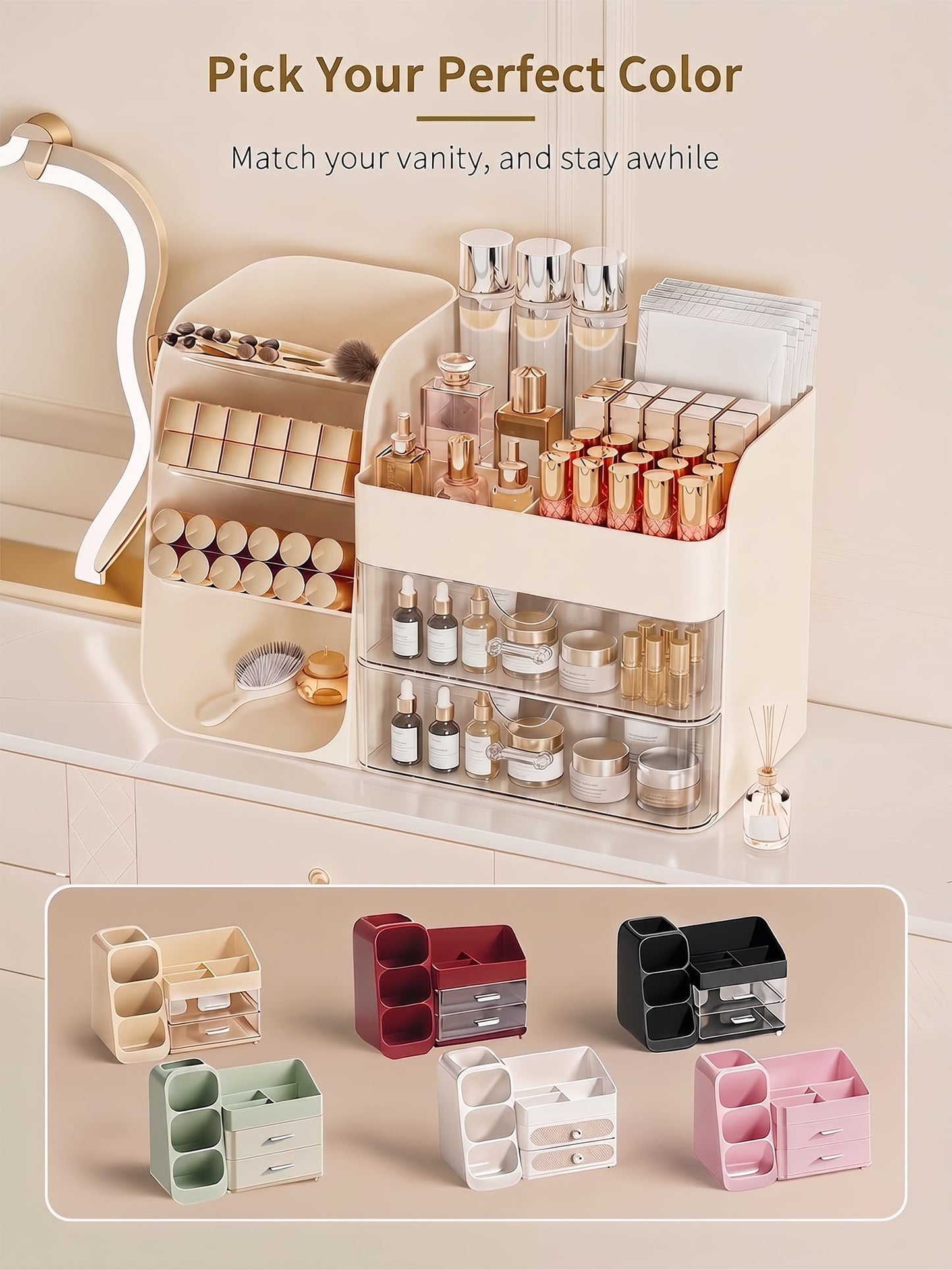 Booklov Makeup Organizer for Vanity, Countertop Cosmetic Display Case with Clear Acrylic Drawers, Bathroom Counter Beauty Caddy, Cute Table Storage Holder for Skincare, Brush Lipsticks, Crystal Creem