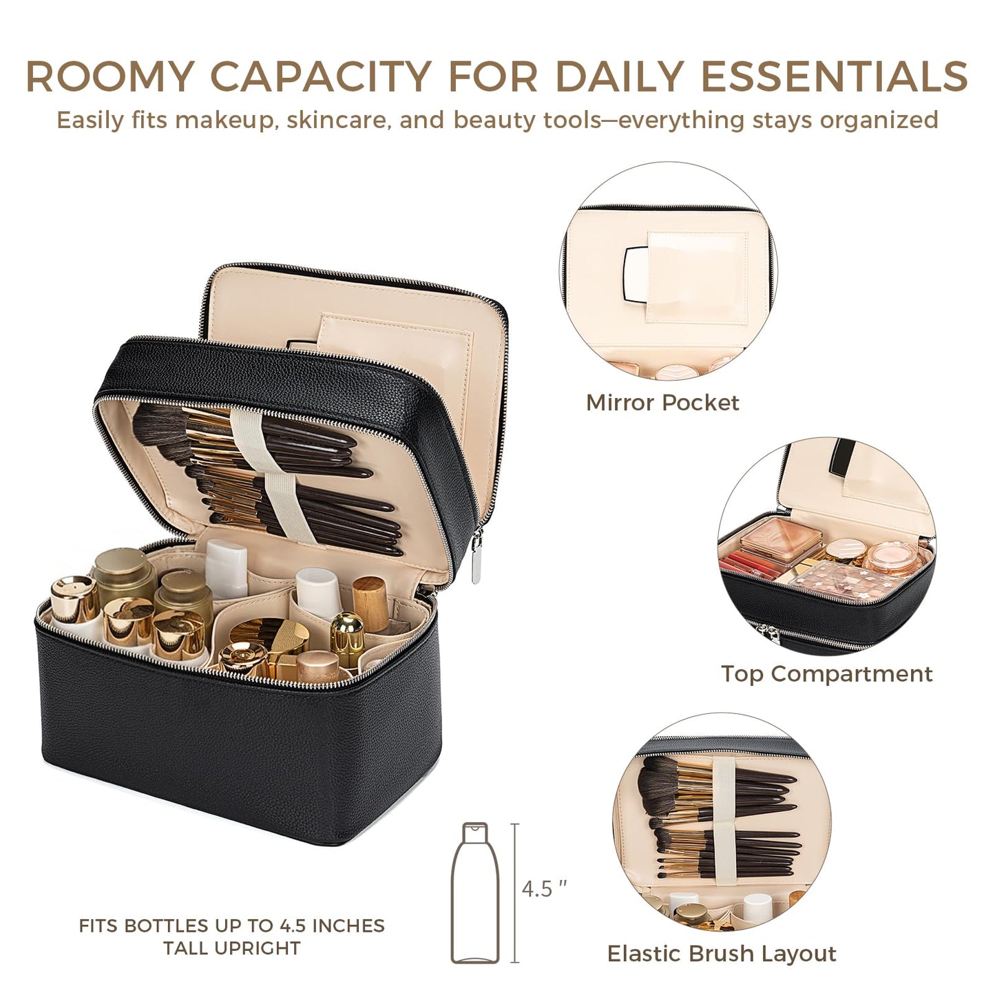 BAGOK Double Layer Makeup Vanity Case, Large Capacity Cosmetic Bag with Removable Divider & Brush Organizer, Travel Toiletry Bag for Women, Portable PU Leather Organizer with Handle