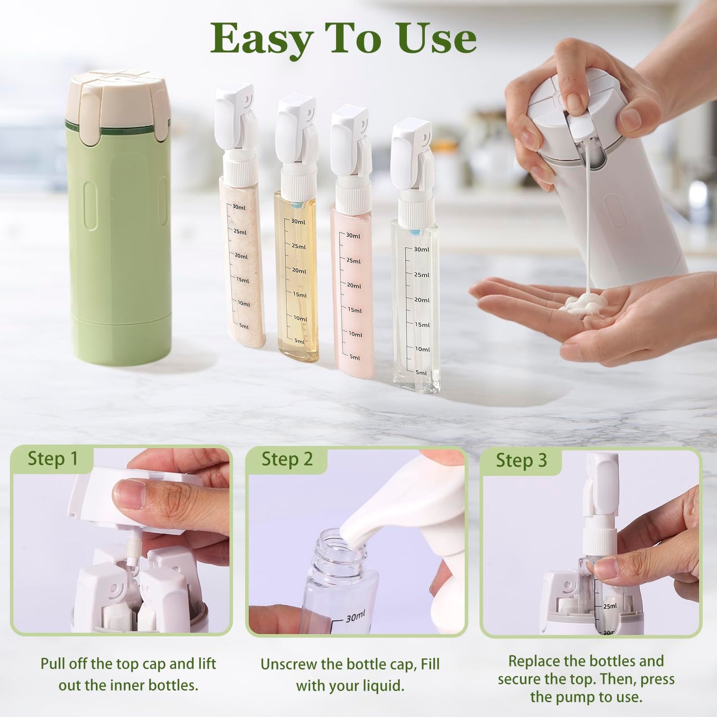 4 in 1 Travel Dispenser, 4 Pack 30ML Leak Proof Travel Size Bottles with Stickers, Brush & Storage Bag, Refillable TSA Approved Travel Toiletry Container Set for Shampoo, Lotion, Conditioner (White)