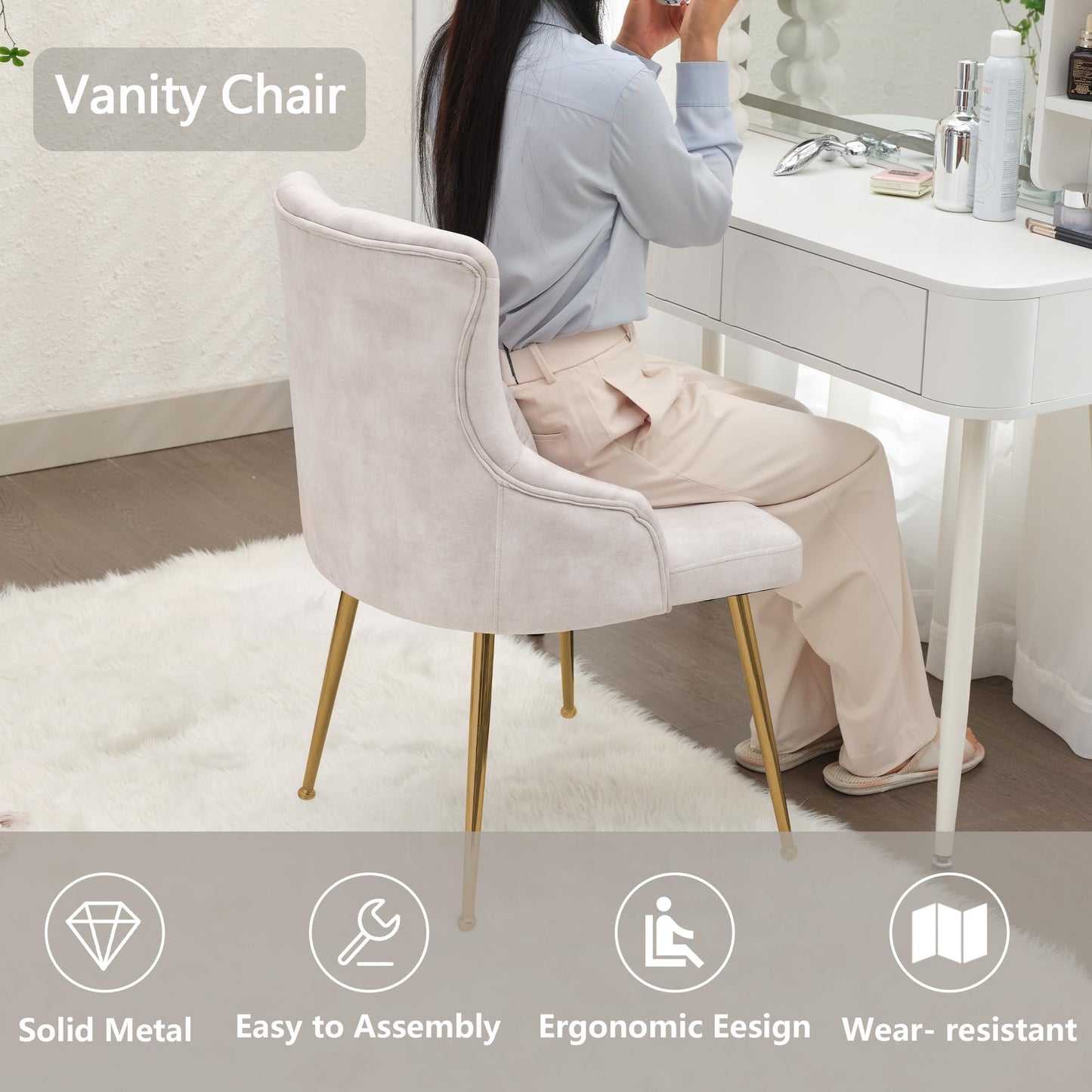UDAX Velvet Vanity Chairs with Back, Upholstered Makeup Chair No Wheels with Metal Legs & Lumbar Pillow for Living Room/Makeup Room/Bedroom/Home Office/Kitchen