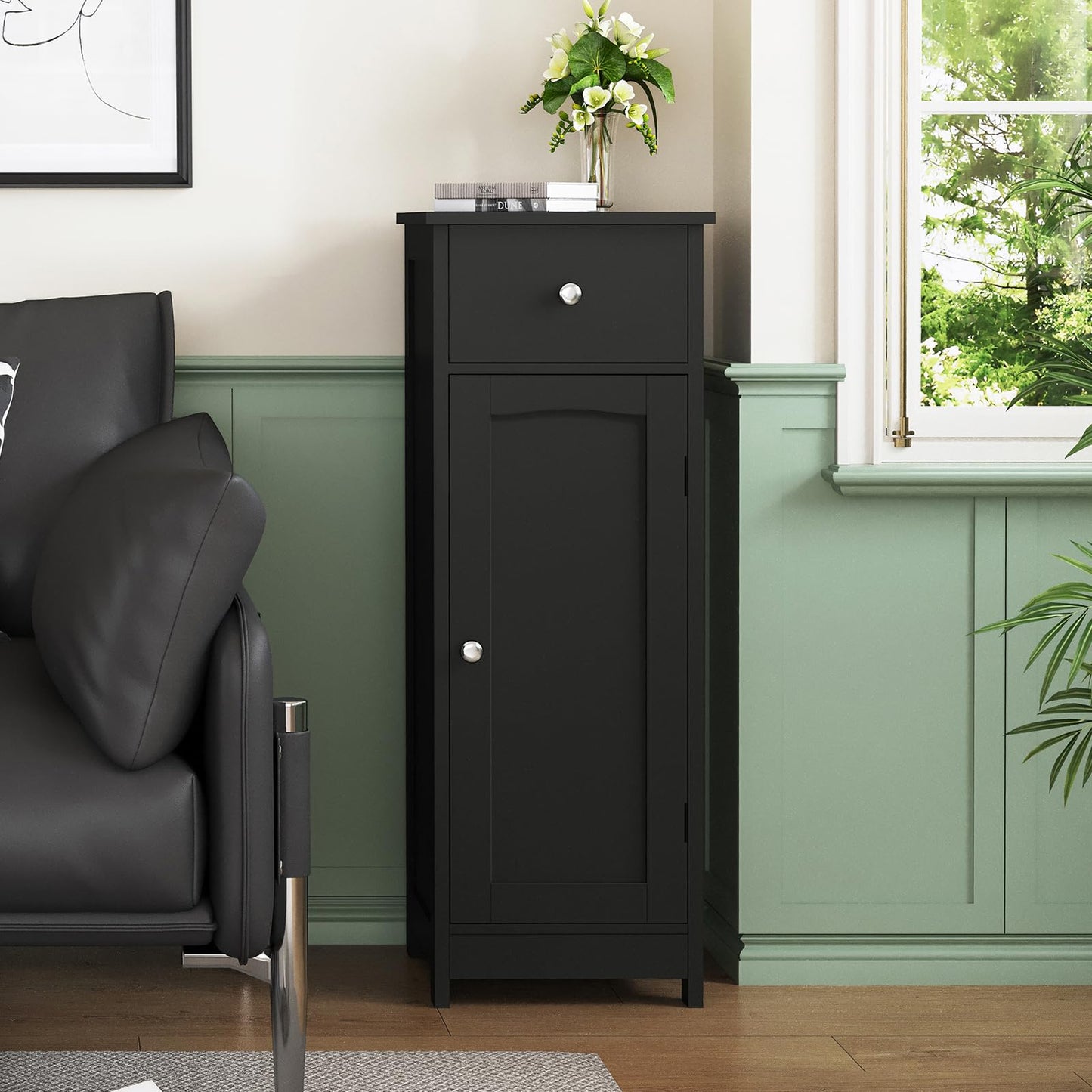 Iwell Bathroom Storage Cabinet, Small Bathroom Floor Cabinet with Drawer & Storage Shelf, Free-Standing Organizer Cabinets for Hallway/Living Room, Black