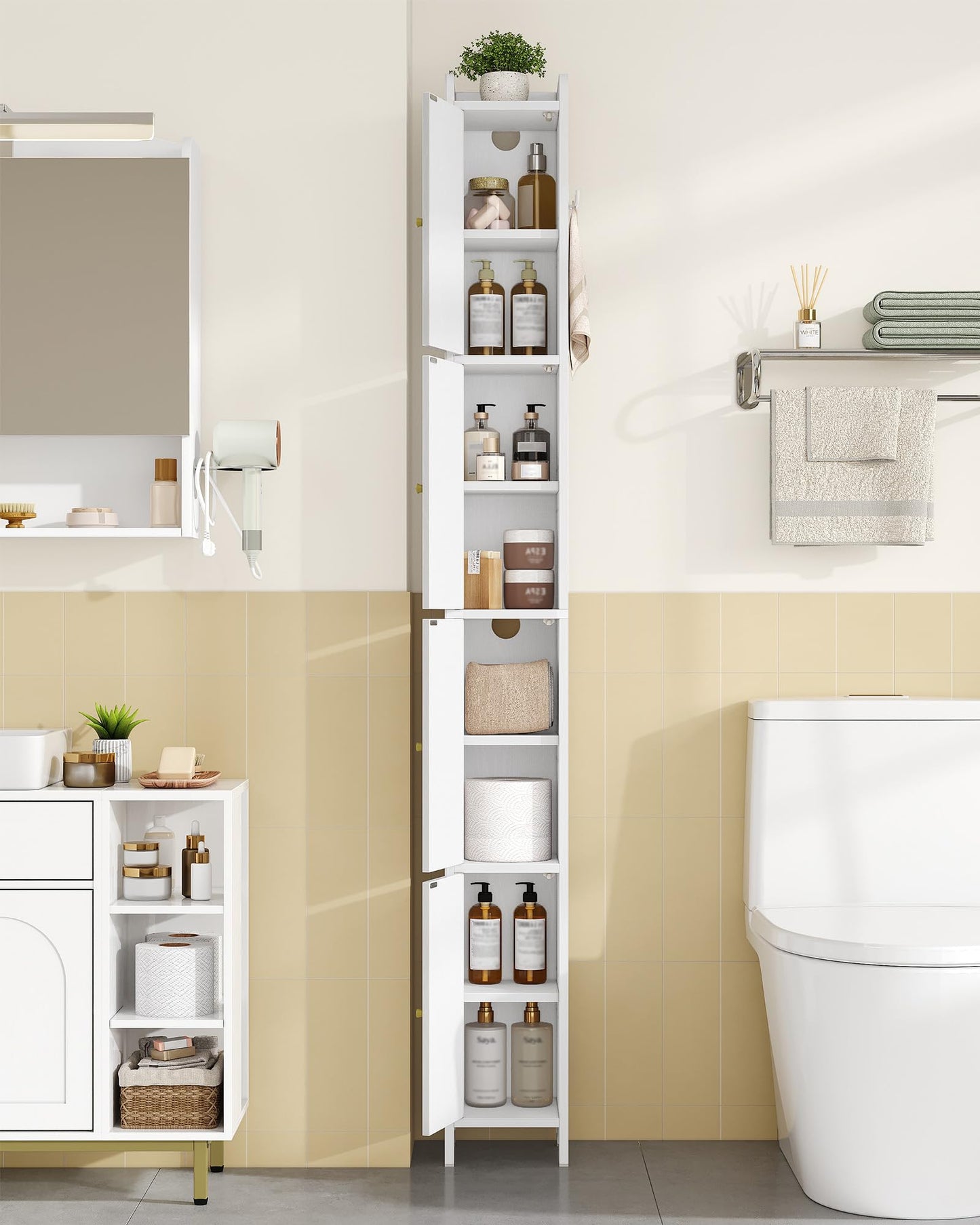 Hzuaneri 70.9" H Bathroom Storage Cabinet, Tall Corner Cabinet with 4 Doors and Adjustable Shelf, Slim Freestanding Floor Cabinet with Arched Door for Small Spaces, 7.9" D x 7.9" W x 70.9" H White
