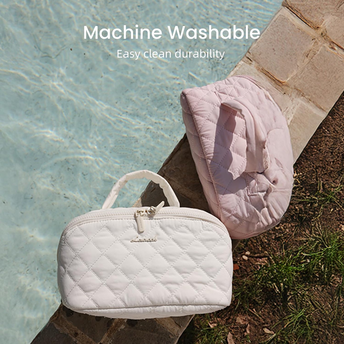 LOVEVOOK Travel Makeup Bag for Women, 2Pcs Puffer Waterproof Cosmetic Organizer, Large Capacity Pouch Open Flat Small Toiletry Bag with Brush Compartment & Handle (Off-white, Medium)