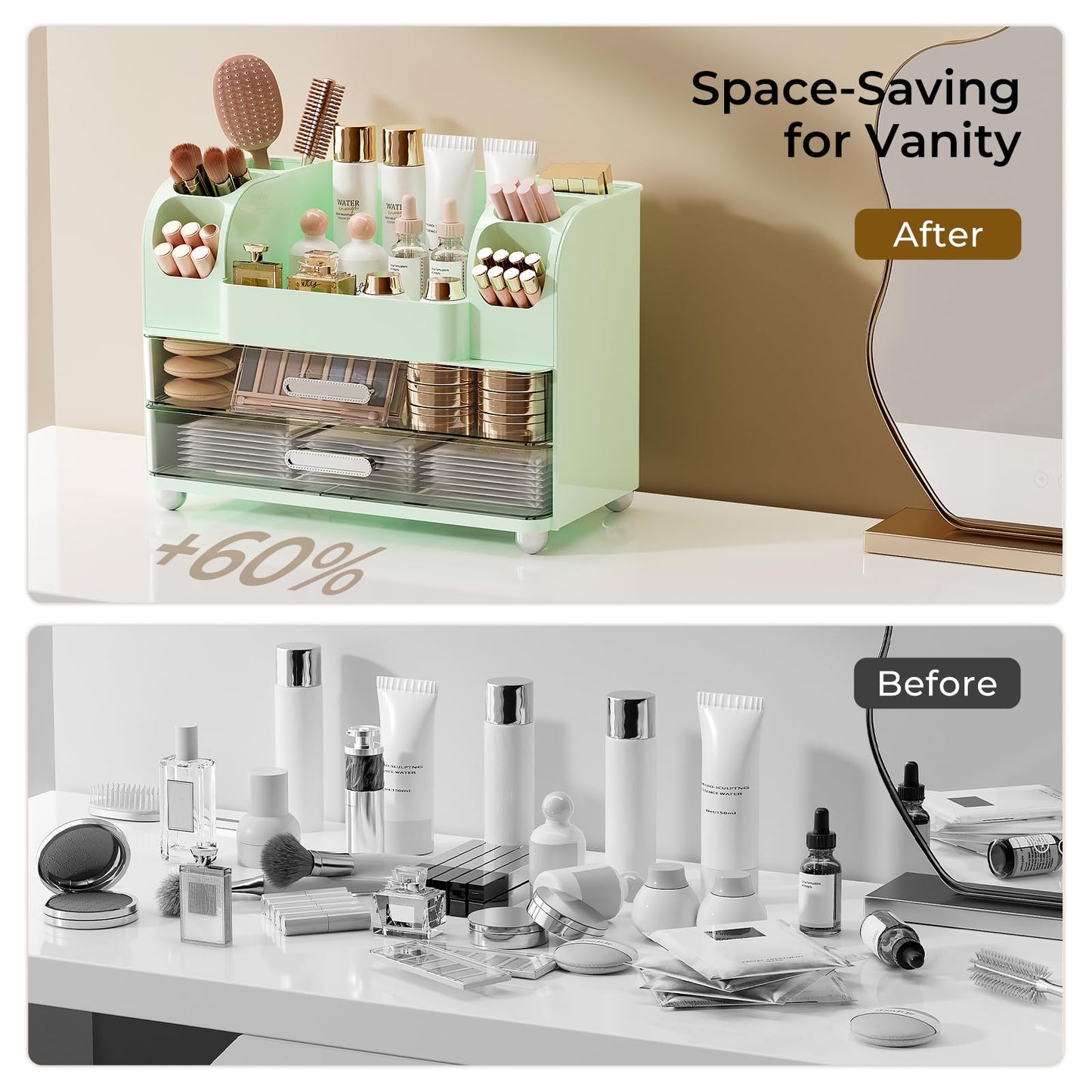 UFORU Makeup Organizer for Vanity with 2 Large Drawers, Cosmetic Display Case with Brush Holders, Easy to Storage for Bathroom Countertop Skincare, Perfume, Green
