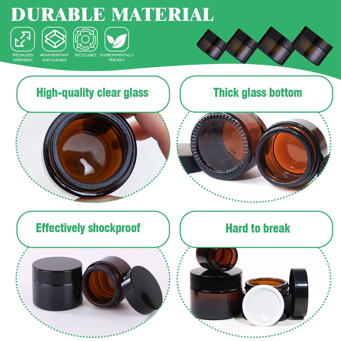 Yauhar 192Pcs 5g 10g 15g 20g Amber Glass Jars Assorted Kit with Black Lids, Inner Liners, Spoons and blank labels for Storing Lip and Body Scrub, Bath Salts, Lotion, Body Butter