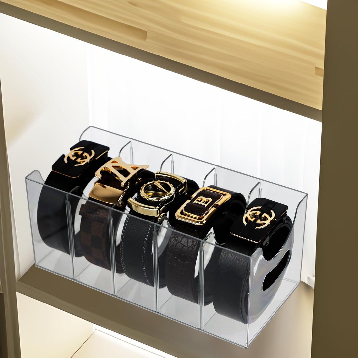 ZEXALOR Acrylic Belt Organizer, Belt Storage Holder Purse Organizer for Closet, 5 Compartments Clear Plastic Display Case Pantry Kitchen Cabinet Organizers and Storage Seasoning Organizer