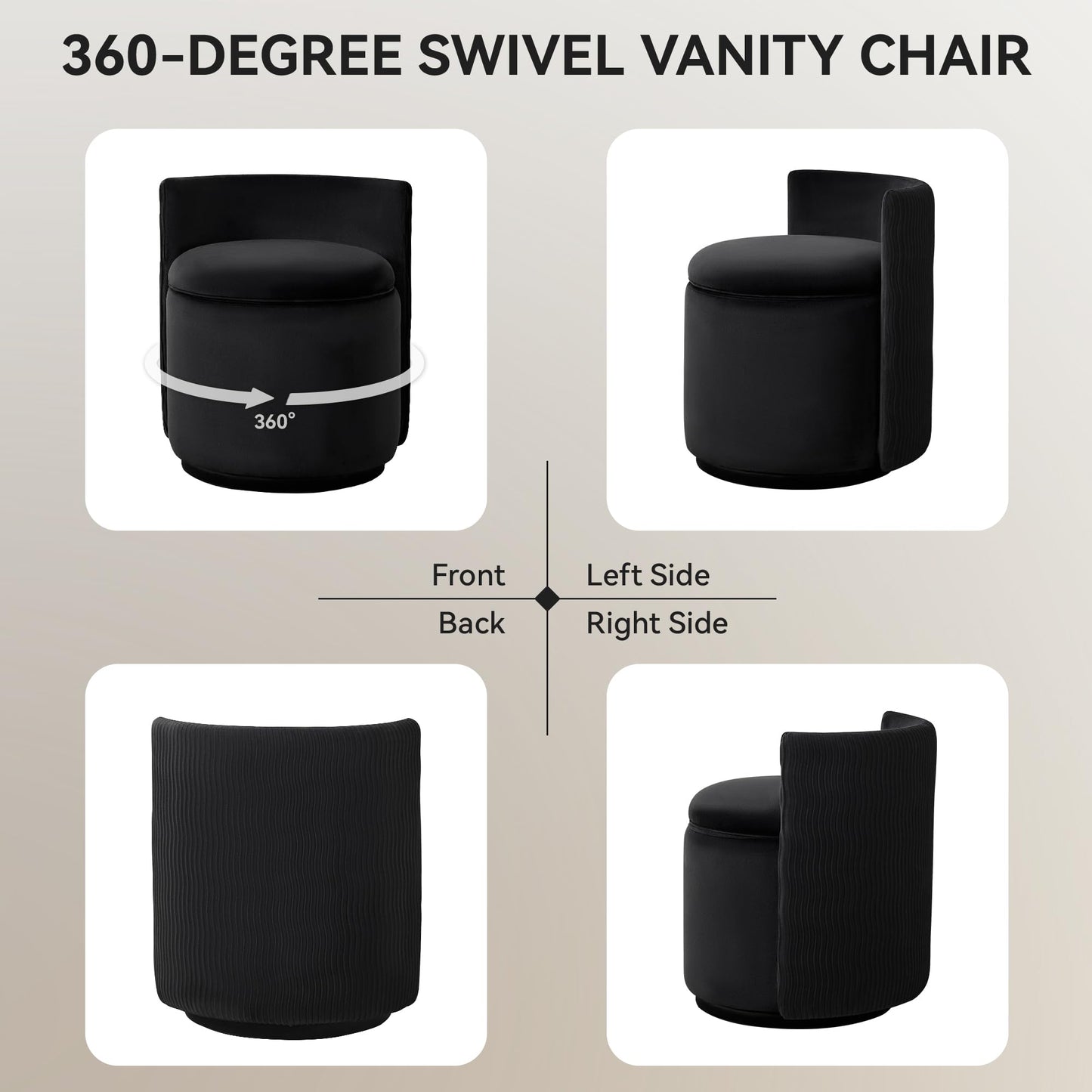 WUTUTUEE Velvet Vanity Chair with Storage, 360° Swivel Makeup Chair with Wave Back, No Assembly Small Accent Stool for Bedroom, Dressing, Living Room, Black
