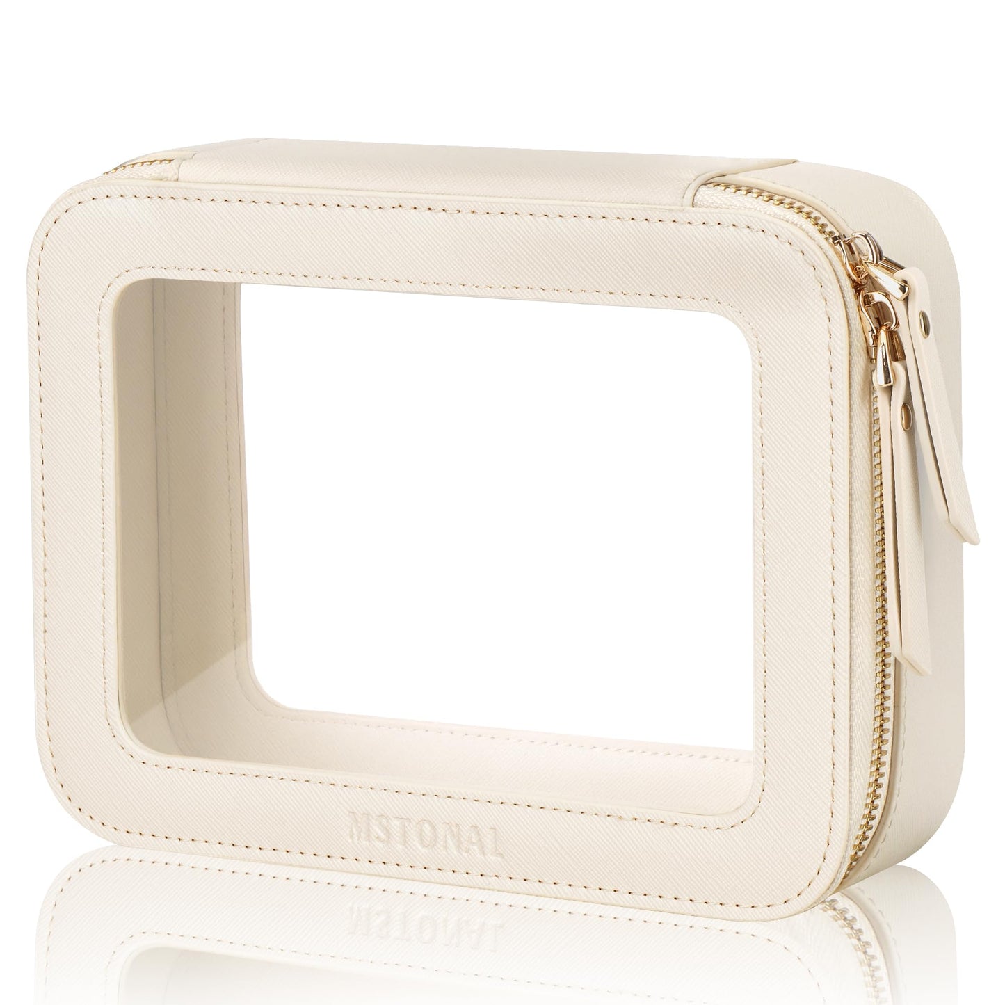 MSTONAL Clear Makeup Bag, Travel Toiletry Bag Cosmetic Case for Women, Waterproof Portable Make Up Skincare Pouch with Zipper, Compact Car Organizer Bag for Essentials, Medium Size, Beige