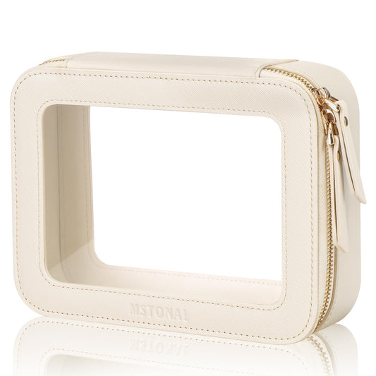 MSTONAL Clear Makeup Bag, Travel Toiletry Bag Cosmetic Case for Women, Waterproof Portable Make Up Skincare Pouch with Zipper, Compact Car Organizer Bag for Essentials, Medium Size, Beige