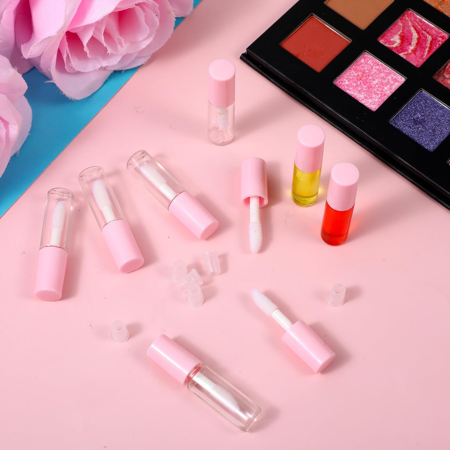 100PCS 1.2ML Clear Mini Lip Gloss Tube Bulk Empty Lipgloss Tubes with Wand and Rubber Insert for Different Samples Travel Split Charging DIY Makeup(Pink)