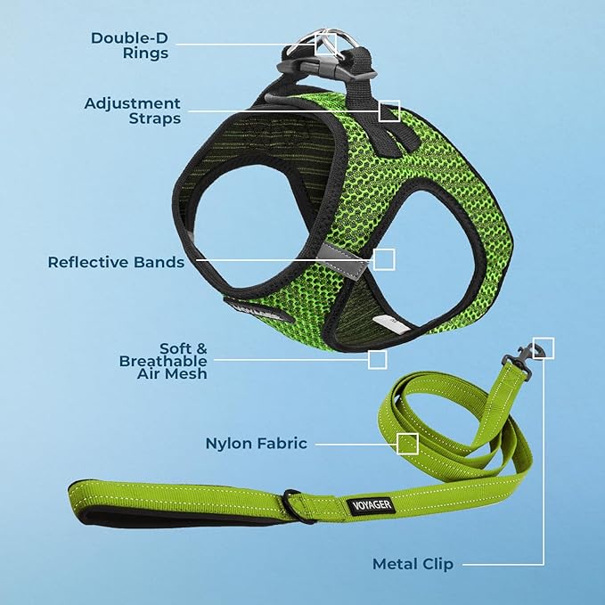 Voyager Step-in Air All Weather Mesh Harness and Reflective Dog 5 ft Leash Combo with Neoprene Handle, for Small, Medium and Large Breed Puppies by Best Pet Supplies - Lime Green (2-Tone), M