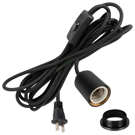 Hovnuyee Plug in Pendant Light Cord with Switch,Braided Hanging Lamp Kit with Ceramic Bulb Socket,DIY Lamp Shade Replacement Cord,Swag Light kit Fixture Fabric Wrapped Cable 15ft Black