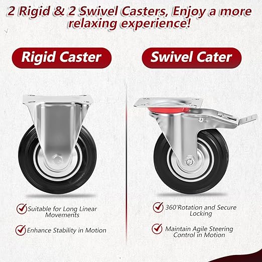 4 Inch Caster Wheels Set of 4, Heavy Duty Casters with Brake, Rubber Locking Casters for Cart, Workbench,Black (4" 4Pack with Brake, 4)