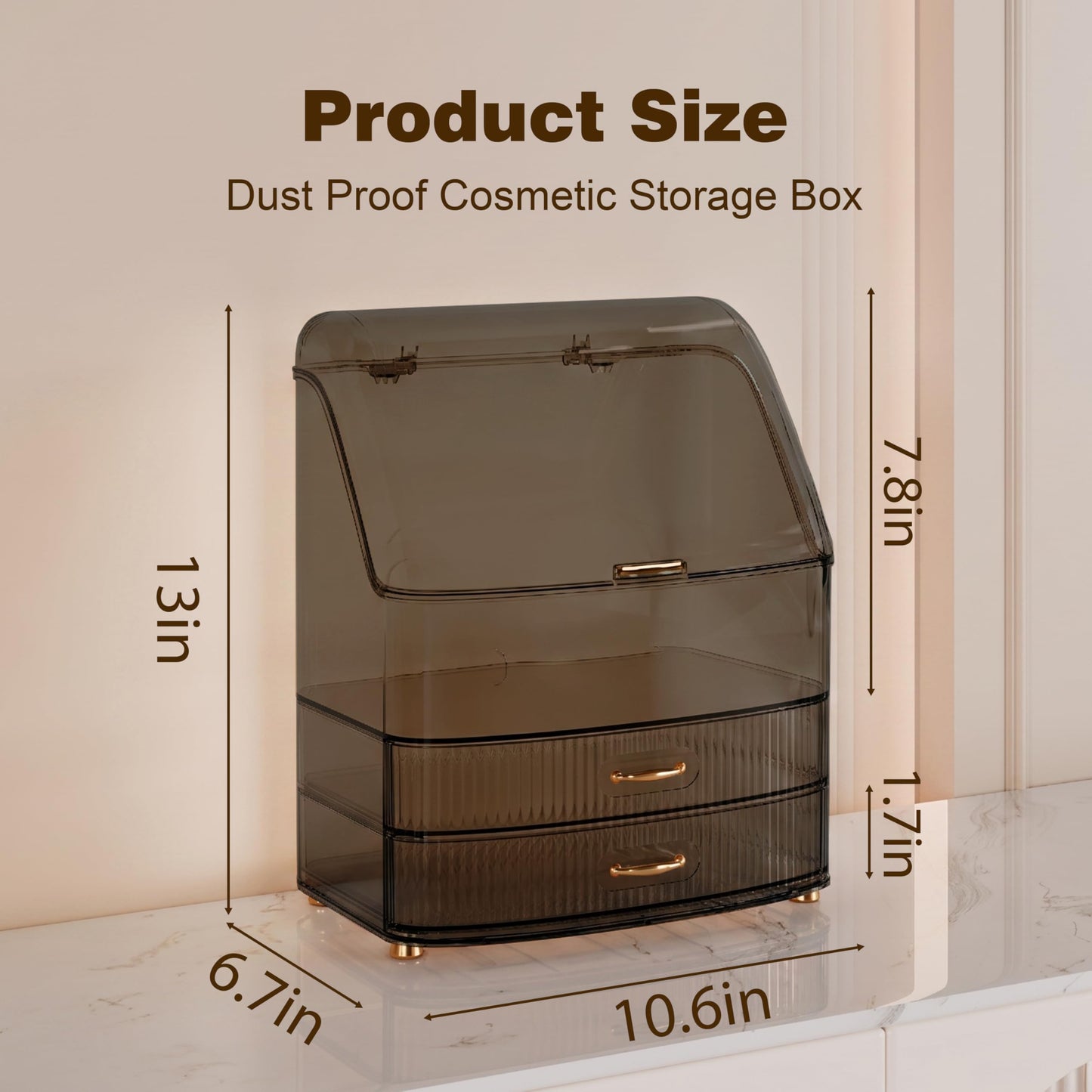 Plukers Makeup Organizer Countertop Vanity with Transparent Lid Drawers Waterproof Dustproof Cosmetic Skincare Bathroom Storage Gift for Women Teens Girls (Clear Black)