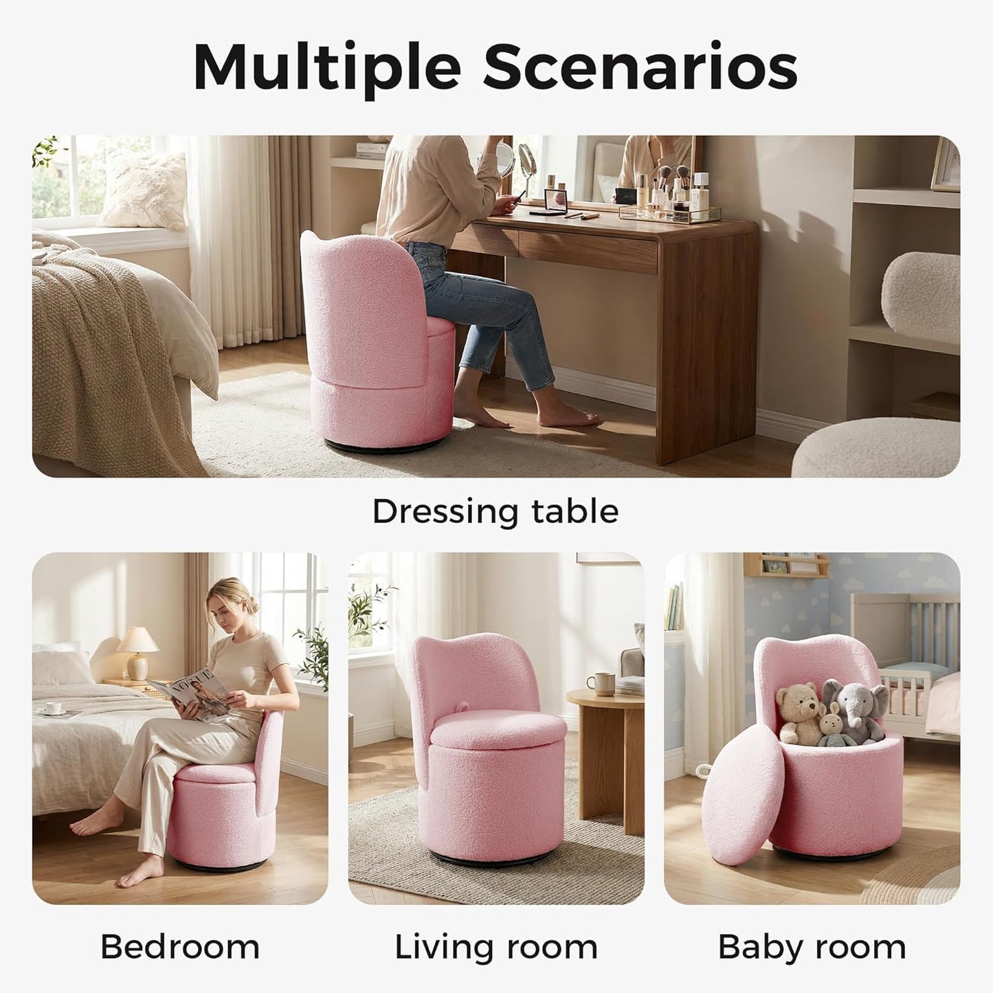 MilleLoom 360°Swivel Vanity Chair Dining Chairs with Storage,Upholstered Makeup Stool with Back, Sherpa Dining Chair, Swivel Accent Chair Barrel Armchair for Living Room Bedroom,Pink