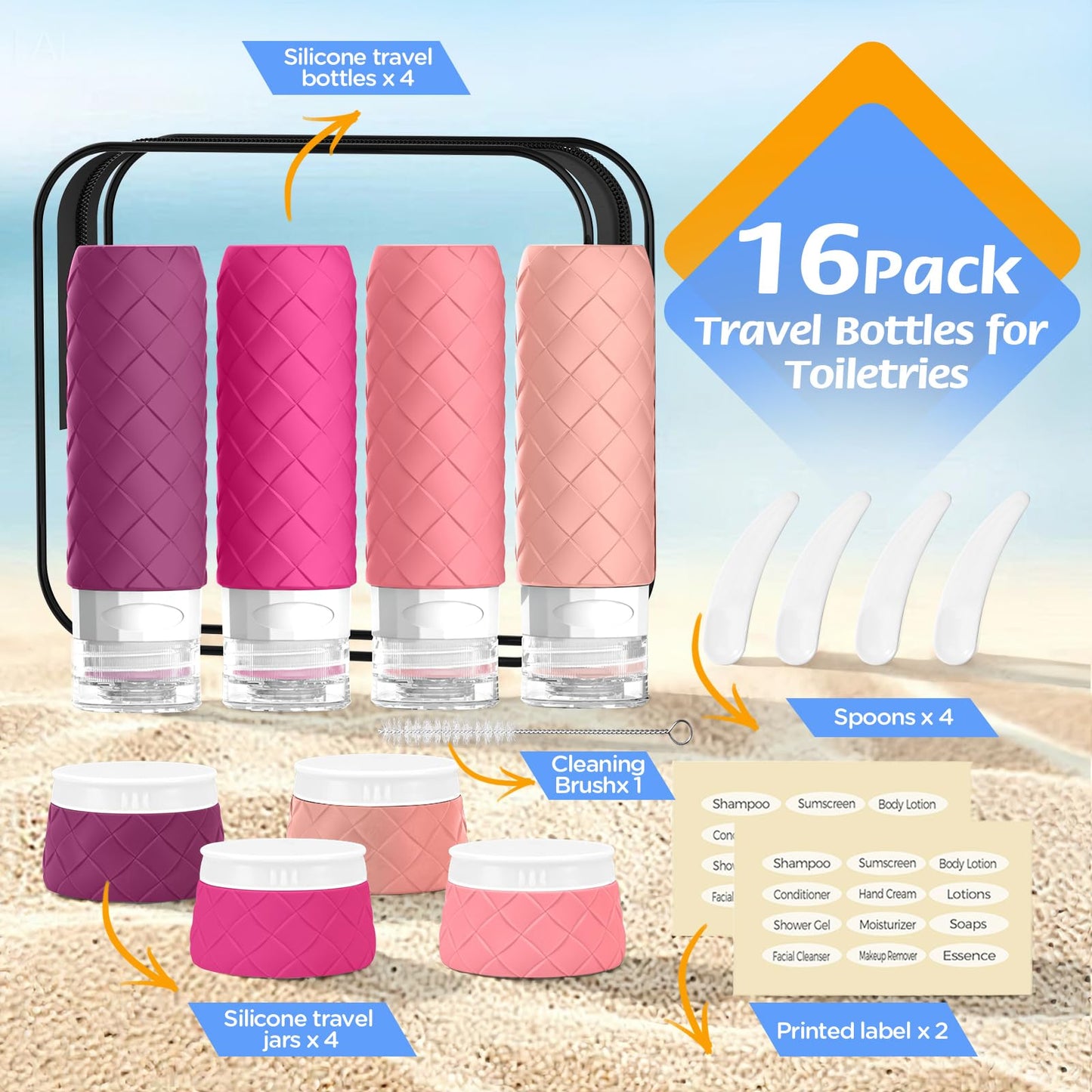 16 Pack Travel Bottles for Toiletries, TSA Approved Travel Size Toiletries Containers Set BPA-Free Silicone Leak Proof Refillable Bottles Stackable Creams Jars Accessories Kit W/Clear Bag Purplish Red