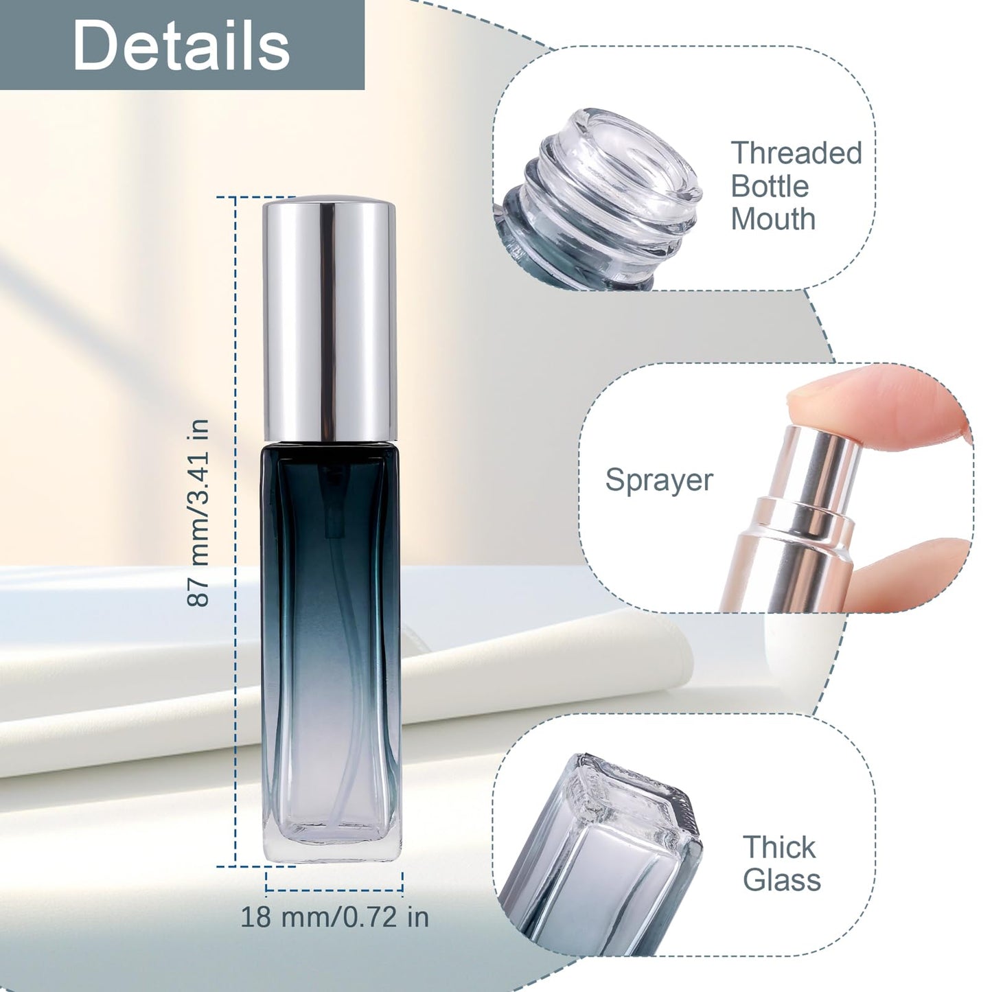 Kesell 11pack 10ml Glass Spray Bottle, Mini Square Perfume Vials Refillable Perfume Atomizer Fine Mist Liquid Spray Bottle for essential oil (Silver Cap)