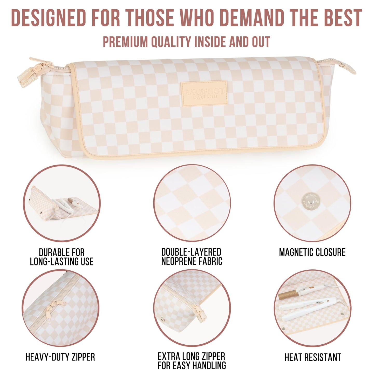 BAREFOOT CARIBOU Hair Tools Travel Bag and Heat Resistant Mat (15.5") for Flat Irons, Straighteners, Curling Iron,and Haircare Accessories, 2-in-1 design, Interior Pockets, Organizer (Checkered Peach)