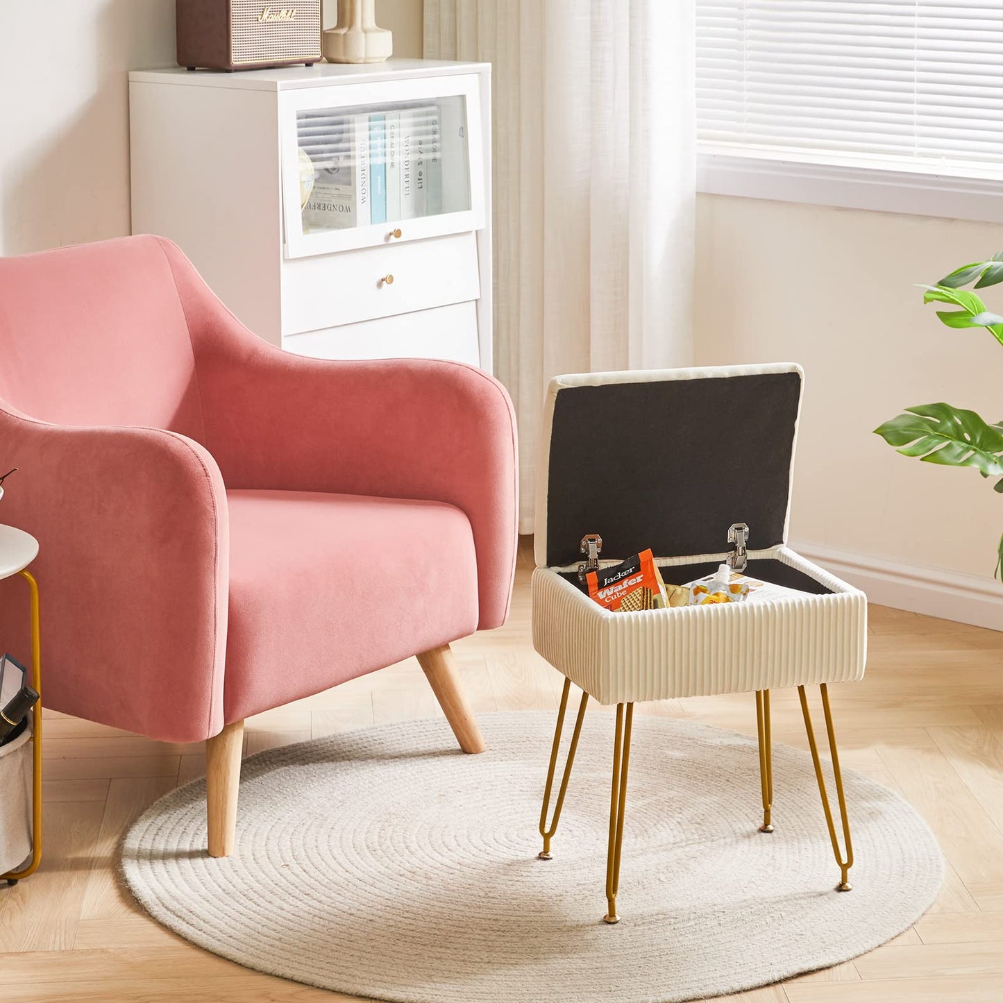 YMYNY Vanity Stool Chair with Storage, Square Ottoman Foot Stool, Modern Multifunctional Makeup Stool for Bedroom, Living Room, Office, Gold Legs, 18.9 * 15.75 * 11.6", Beige, UHBD024M