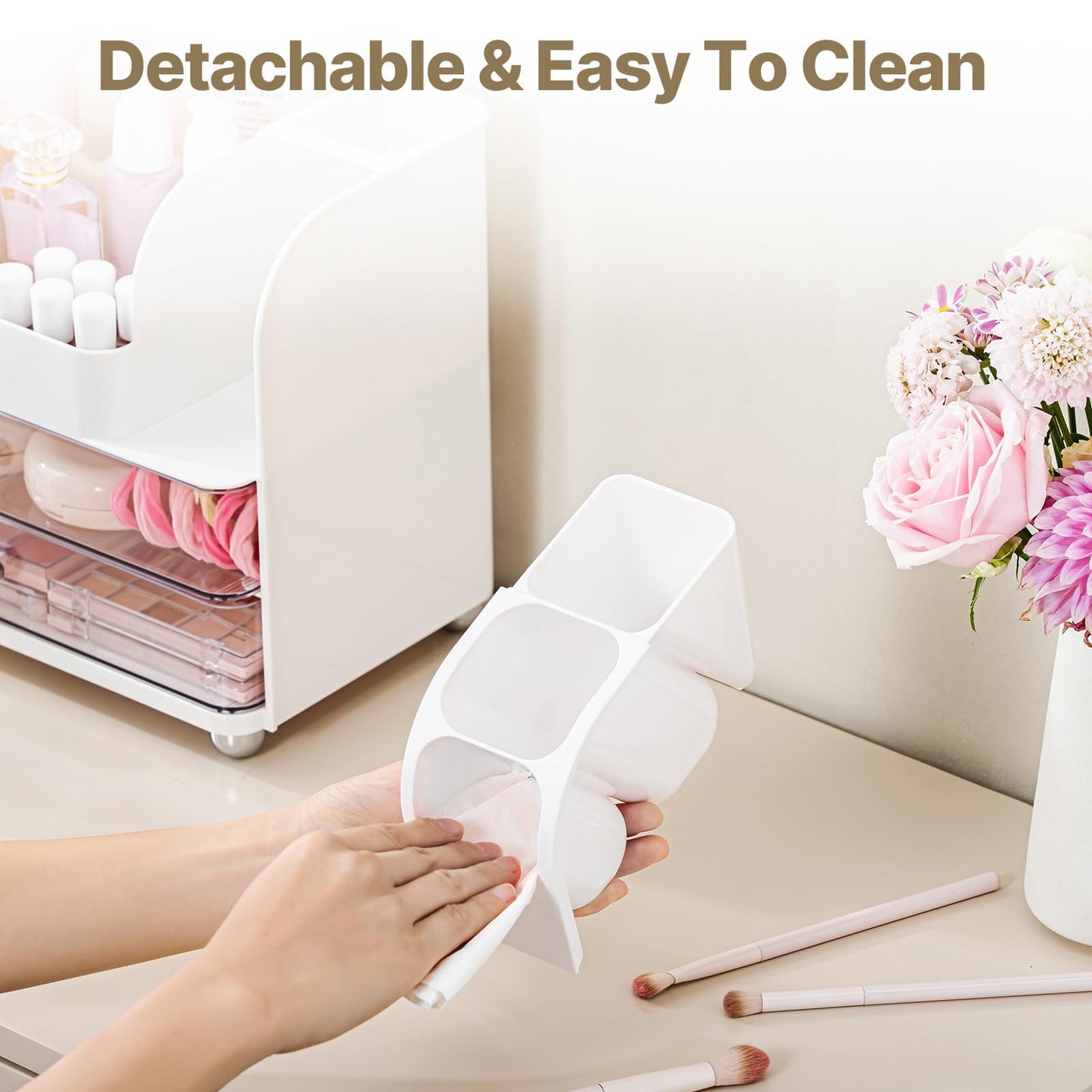 Makeup Organizer with Brush Holder, Makeup Organizer Countertop with 2 Drawers, Make up Organizers for Vanity, Vanity Organizer, Makeup Storage For Skin Cares,Makeup Brushes,Lipsticks,Perfumes(White)