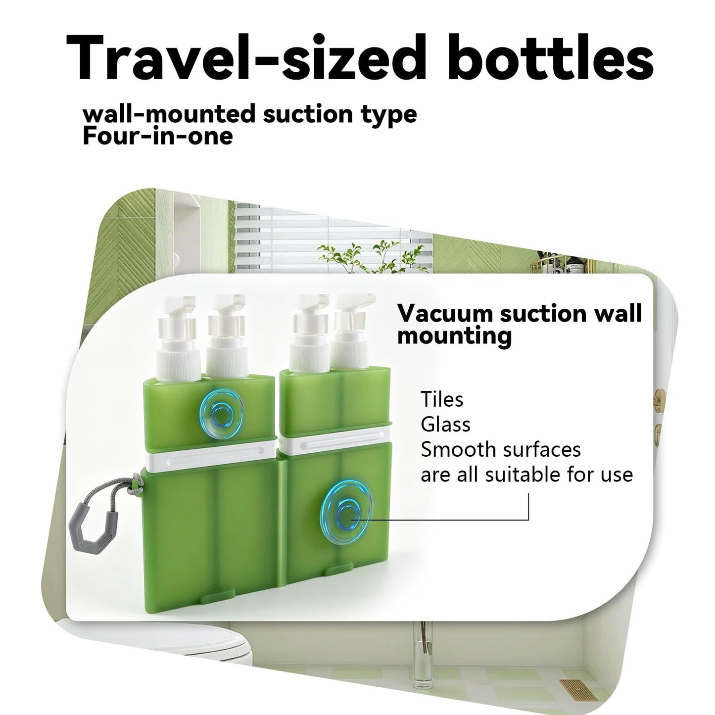 MORMID 4 in 1 Travel Dispenser，Unbreakable Silicone Travel Dispenser Bottle, Vacuum Suction Wall Mounted Refillable Containers,Leakproof Toiletry Containers for Shampoo, Lotion, Baby Care-Green.