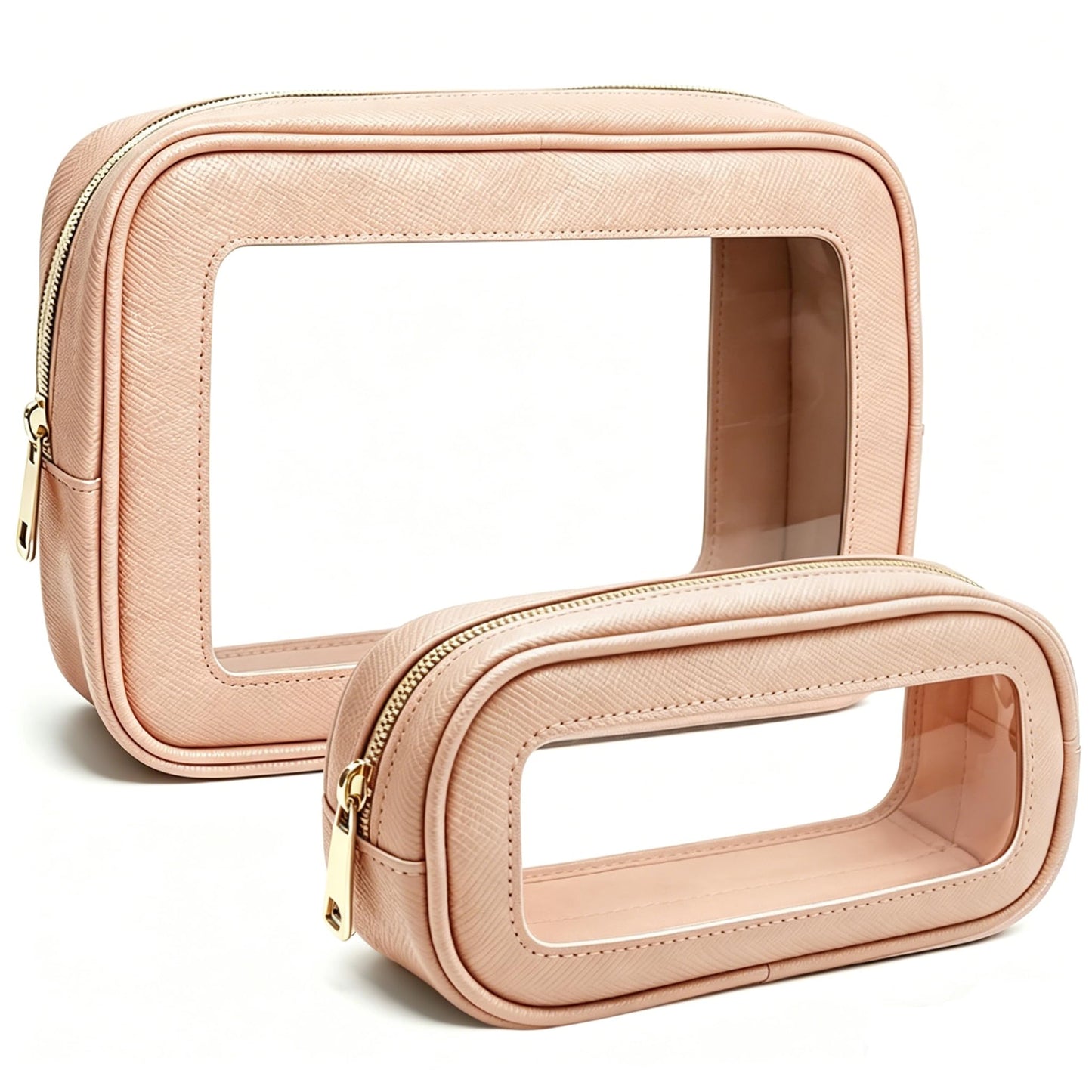 FFpaw 2Pcs Clear Makeup Bags Set - Portable Clear Cosmetic Bag Case Travel Makeup Brush Bag Waterproof Makeup Pouch TSA Approved Toiletry Bag Car Organizer Bag for Women (Dusty Pink Set)