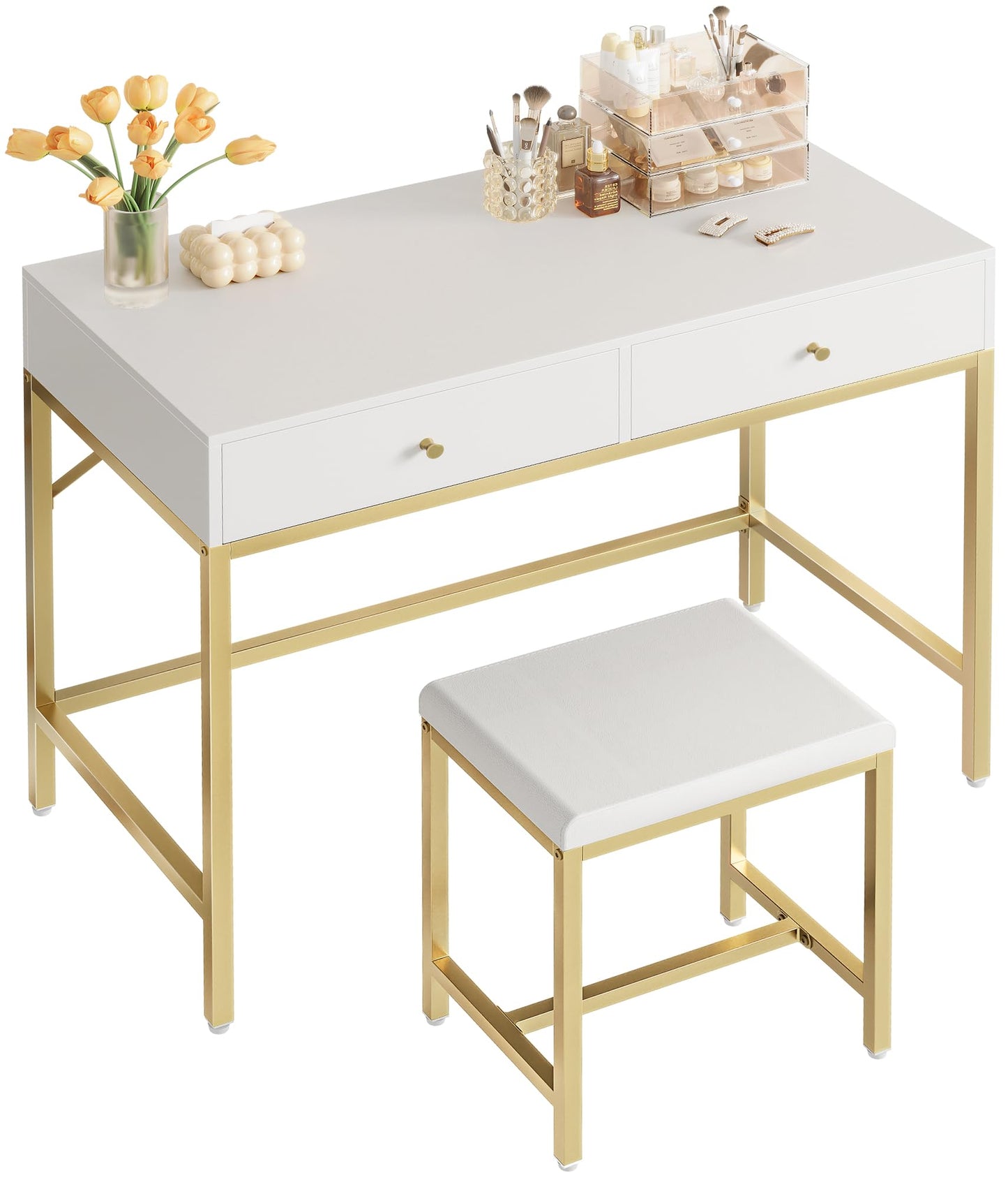 SUPERJARE 31.5" White and Gold Desk with 2 Drawers, Modern Makeup Vanity with Padded Stool, Small Computer Desk Home Office Desk for Writing Study Bedroom