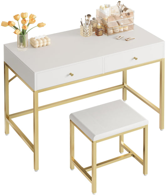 SUPERJARE 31.5" White and Gold Desk with 2 Drawers, Modern Makeup Vanity with Padded Stool, Small Computer Desk Home Office Desk for Writing Study Bedroom
