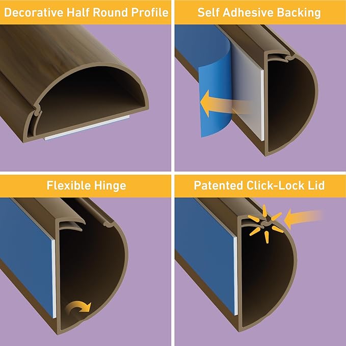 D-Line Half Round Cord Hider, Patented Cable Cover, Hide TV Wall Mount Wires, Raceway for Cords, Decorative Wire Covers, Paintable, Adhesive, 2X 2in W x 1in H x 39in L, Wood-Effect